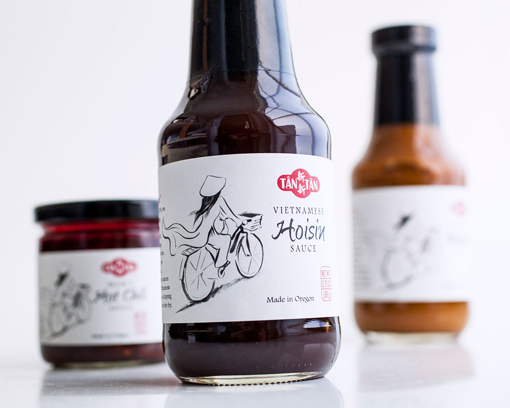Tan Tan Vietnamese Sauces made in Oregon: hoisin sauce, hot chili sauce and peanut sauce.